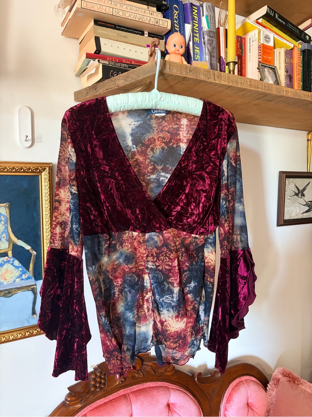 Garage Burgundy Velvet Floral Mesh Blouse